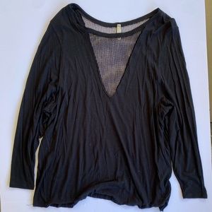 Black Long Sleeve Deep V Neck with large mesh detail, Size Extra Small